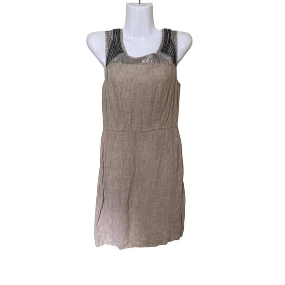 Loft Womens Linen Blend Dress Sz 4 Sleeveless Beige Romper Sequin Vacation - Picture 1 of 11